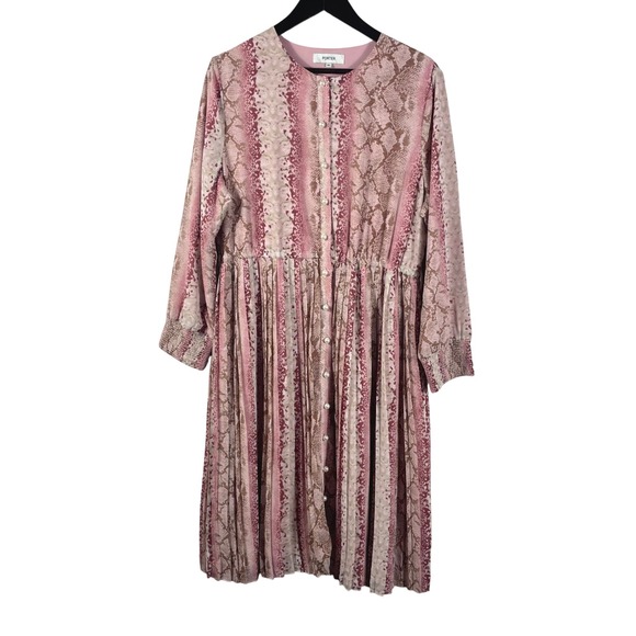 Porter XL Midi Dress Pink Snake Print Long Sleeve Pleated Skirt Boho Cottagecore - Picture 1 of 12